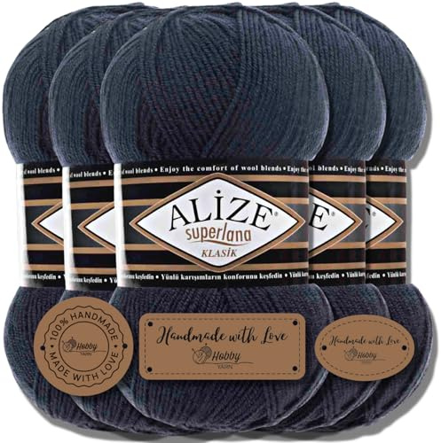 Hobby YARN 3x Etikettenlabel mit Alize Superlana Klasik Wolle Premium 5x100g als Set, Yarn, Garn, Strickgarn, Einfarbig, Baby, zum Häkeln, Stricken, Kleidung, Schals (Navy - 58)
