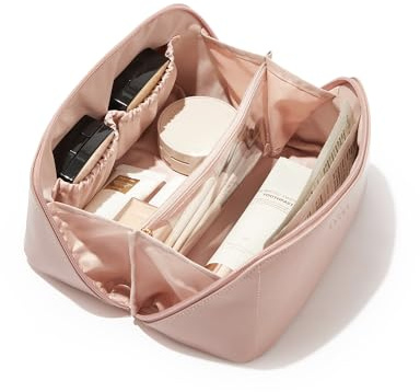EACHY Travel Makeup Bag,Large Capacity Cosmetic Bags for Women,Waterproof Portable Pouch Open Flat Toiletry Bag Make up Organizer with Divider and Handle, Gifts for Women (Pink, Medium)