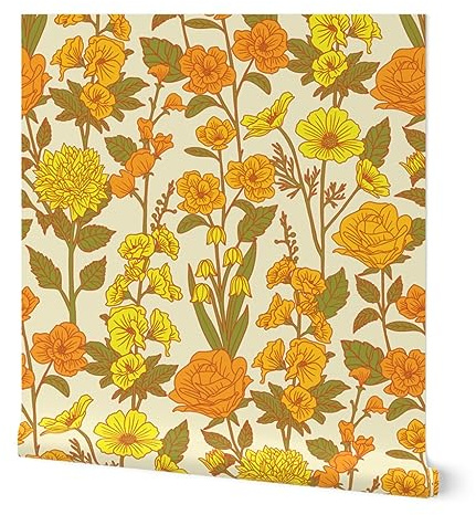 Peel & Stick Wallpaper Swatch - Retro Floral Yellow Orange Green 1970S Flowers Botanical Custom Removable Wallpaper by Spoonflower