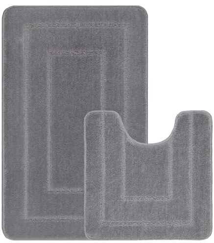 EDS 2 Piece Ichra Bath Mat Set Non Slip Ultra Soft Bathroom Mats Extra Absorbent 100% Polypropylene Toilet Mat Set Washable Toilet Rug Bathroom Accessory (GREY)