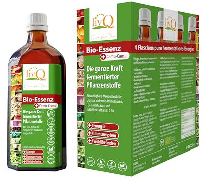 livQ Bio-Essenz Camu-Camu | Bio-Fermentkonzentrat | 4 × 250 ml | Fermentiertes Bio-Konzentrat mit Vitamin C für Vitalität + Energie • 4 Flaschen für die regelmäßige Anwendung