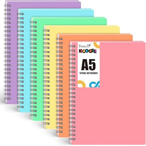 Koogel 6Pcs A5 Spiral Notebooks Macaron Colours, Lined Notepads for School | 80 Sheets Each, 480 Total, PVC Covers & 360° Spiral, Ideal School Supplies for Students & Teachers