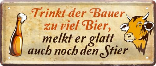 schilderkreis24 Blechschild 28×12 cm – Bier Spruch – Bar, Stammtisch & Partykeller (Trinkt der Bauer zu viel Bier)