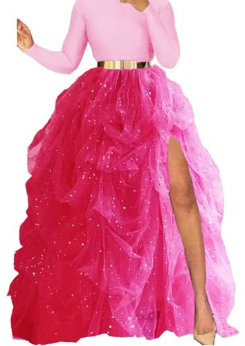 Lisong Falda larga de tul para mujer, con cintura alta, para ocasiones especiales, Fucsia (Fuchsia Sparkle), S