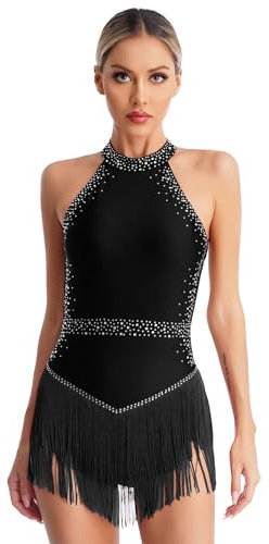 Jugaoge Damen Strass Latein Tanz Body Neckholder Rückenfrei Leotard mit Fransen Rock Salsa Cha-cha Rumba Outfits Eiskunstlauf Kostüm Schwarz S