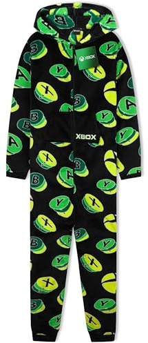 Xbox Combinaison Pyjama Garçon et Ado Grenouillère Polaire Chaude Une Pièce avec Capuche Vêtement de Nuit Gamer Cadeau Enfant (13-14 Ans, Noir/Vert)