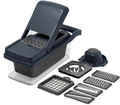 Gourmet Kitchen 12-Piece Vegetable Chopper, Spiralizer, Slicer – Multi-Functional Chopper & Slicer with 7 Blades, Food Storage Container and Hand Guard – Ideal for Vegetables, Fruits & More - Navy