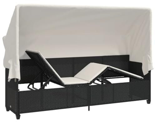 Festnight Gartensofa mit Sonnendach Liegesofa Rattan Sofa Liege Balkon Lounge Sofa Outdoor mit Dach Rattansofa Balkon Bank Verstellbar Sonnenliege Gartenliege Balkonmöbel mit Liegefunktion
