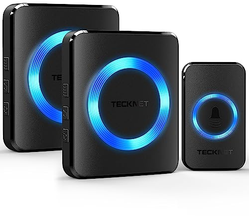TECKNET Funkklingel, Kabellose Türklingel Funk Set 400m Reichweite, IP65 Aussen Wasserdicht Haustür Klingel mit 2 Plug-In-Empfänger und 1 Sender, Ring doorbell und Klingelknopf Mit LED-Blitz | Kabellose Türklingel 400m , Haustür Klingel kit mit 2 Plug-In-Empfänger und 1 Sender, 60 Melodien doorbell Mit LED-Blitz