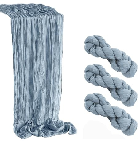 Lot de 3 Chemins en Étamine et Gaze pour Table Romantique - Décoration pour Fête Prénatale, Prénuptiale, Anniversaire (Bleu Poussiéreux, 90 x 300 cm)