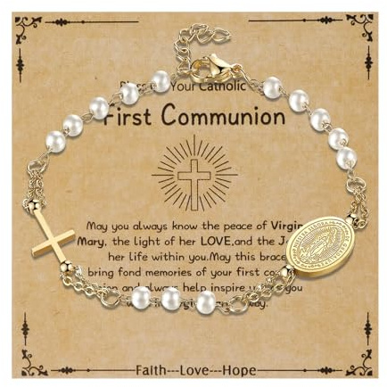 OIDEA Pulsera Rosario Virgen María: Brazaletes de Cuentas Cruz Cristales de Imitación para Mujer y Niña Acero Inoxidable Adjustable Oro Blanco con Tarjeta - Para Bautismo Santa Comunión Regalos
