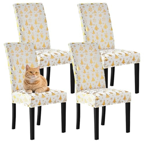 Highdi Weihnachten Stuhlhussen 1er/2er/4er/6er Set Stretch Stuhlbezug Gold Weihnachtsbaum Dekoration Stuhlüberzug Waschbar Universal für Esszimmer Hotel Bankett Weihnachtsdeko (4er Set,Weiß 2)