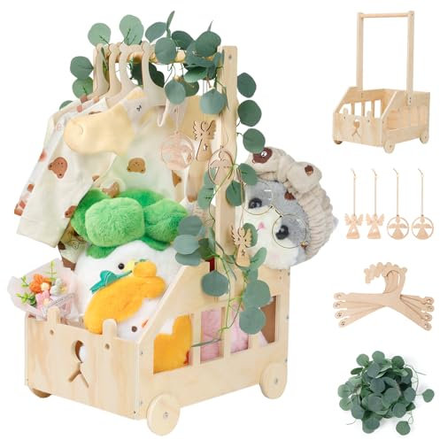Wuciray Wooden Baby Basket Cesto Baby Shower con Manico Cestino in Legno per Baby Shower con Ruote Cesta Giochi Bambini in Legno Cesto Portagiochi Bambini con Tag e Appendiabiti Cesto Nascita Bimba