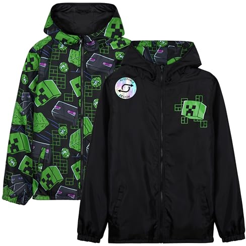 Get Trend Minecraft Veste Imperméable Garçon et Ado, Manteau de Pluie Enfant Déperlante Réversible Creeper à Capuche, Cadeau Gamer (11-12 Ans, Minecraft Réversible)