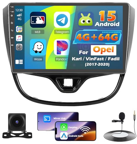 Roinvou 4+64G Android 15 bilstereo för Opel Karl/VinFast/Fadil 2017-2020 Trådlös CarPlay Android Auto MirrorLink, 9-tums pekskärmsradio med Bluetooth WiFi GPS 32EQ FM/RDS SWC Backup-kamera