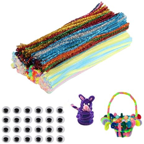 HexinYigjly 500 Stück 300 Pfeifenputzer zum Basteln 27Farben Pfeifenreiniger Chenilledraht 30cm,150 Selbstklebende Wackelaugen,Pipe Cleaner für DIY Projekte und Basteldeko für Kinder