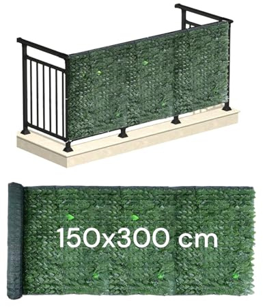 Avilia Siepe Artificiale da Esterno 150x300 cm con Foglie Lauro in PVC e Rete Ombreggiante – Frangivista per Recinzione Giardino, Copri Ringhiera Balcone