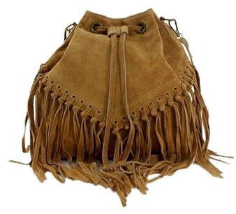 Lyallpur Ladies Soft Real Leather Fringe Bucket Bag Women Suede Clutch Handbag VPFR19 (Brown)