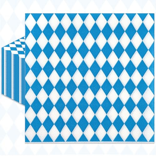 Packung mit 50 Stück, Blau-Weiße Bayerische Servietten, Einwegservietten mit Rautenmuster für Oktoberfest, Bierfest, Bayerische Partydekoration, Veranstaltungen mit deutschem Thema