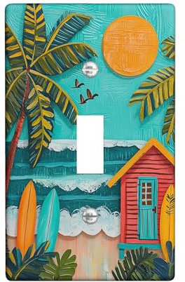 Placas de cubierta para interruptor de luz de playa, cubiertas de toma, detalles de pared de palma tropical y tablas de surf, placas de pared termoplásticas de verano azul océano, tamaño estándar
