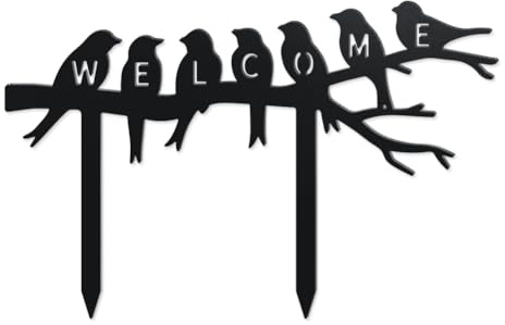 WADORN Dekorative Gartenstecker Aus Metall de Welcome Bird, Lustige Vogel Auf Zweig Metall Silhouette Statuen Willkommens Garten Ornament Schwarze Hof Kunst Dekor Für Außenbereich Hinterhof Rasen