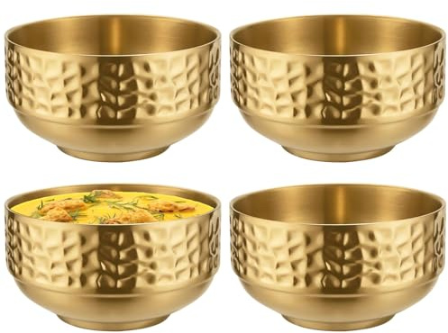 Lot de 4 bols classiques en acier inoxydable doré, texture martelée isolée à double paroi, pour la maison et le restaurant