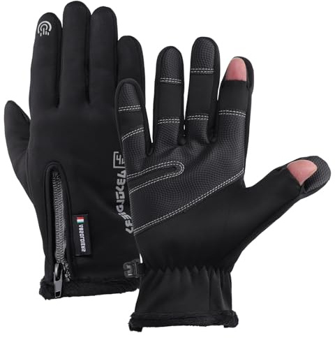 Fjquamitix Guanti termici invernali impermeabili con copridita, foderati in pile nero, touchscreen, guanti da pesca senza dita, per uomini e donne, con cerniera, adatti per guida, moto, escursionismo
