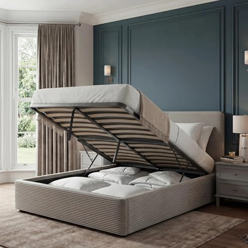 Blisswood Double Ottoman Bed, 4ft6 Double Bed Frame with Gas Lift-Up Storage Base, UKFR Velvet Finish & Wooden Slats, Upholstered Space-Saving Bedframe for Adults & Guest Room (135x190cm, No Mattress)