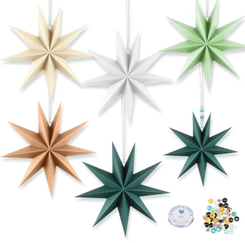 CHWNIBAY Papiersterne zum Aufhängen, 6 Stück Papiersterne, 9 Zacken Faltsterne, Deko Sterne Weihnachten, mit Transparenter Faden, 30cm Papierstern für Weihnachtsdeko, Hochzeits, Geburtstags Deko