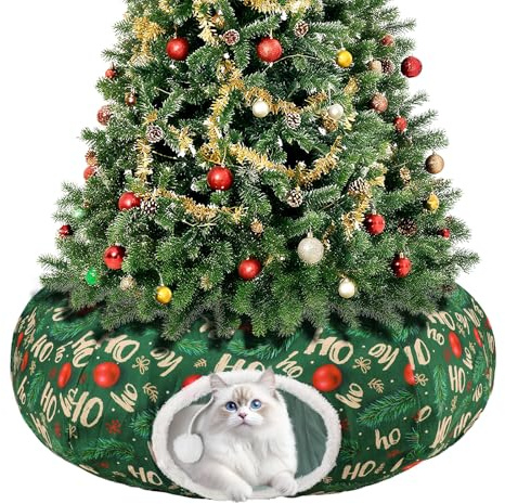 Mfsdai Letto Tunnel per Gatti sotto il Vestito dell'Albero di Natale Festivo Tunnel per Gatti Pieghevole a Donut con Materasso Centrale e Palline Appendibili Calda Caverna per Gatti per Animali
