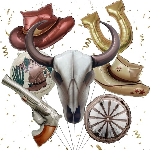 Western Cowboy Birthday Decorations Kit 7 Pcs Western Themed Balloons with Long Horn Cow Head Cowboy Hat Brown Boot Gun Wheel Horseshoe for Cowgirl Rodeo Bachelorette Farm Baby Shower Party Decor