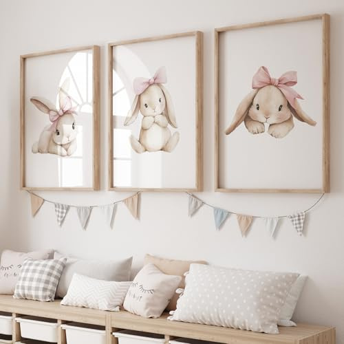 Ueiwffzo 3er Poster Set Ostern Hase Bilder, Hase Wandbilder Babyzimmer Poster Ohne Rahmen Wandposter Kinderzimmer Osterndeko für Mädchen Jungen (21x30cm)