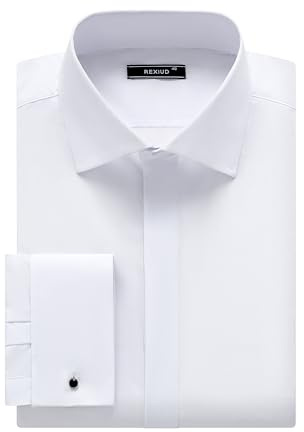 REXIUD Men’s Tuxedo Shirt – Windsor Collar, Hidden Placket, French Cuffs, Stretch Formal Dress Shirt for Wedding & Black Tie (UK, Alpha, L, Regular, Regular, White)