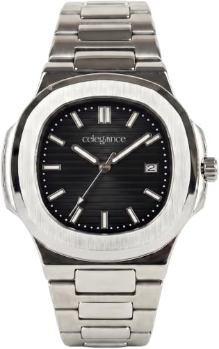 celegance Reloj Hombre Acero Inoxidable Nautic - Reloj Analógico de Cuarzo, Esfera Cuadrada de 40mm con Fecha, Estilo Deportivo de Lujo, Resistente al Agua, Incluye Kit de Ajuste