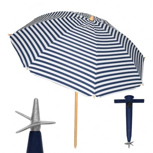 Pincho Sombrilla Playa Grande 200 cm, Antiviento con Protección UV50+, Tubo de Aluminio y 8 Varillas de Fibra de Vidrio, Reclinable con Ventana Superior, Incluye Punta de Aluminio