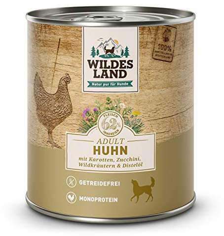 Wildes Land - Nassfutter für Hunde - Nr. 2 Huhn - 6 x 800 g - mit Karotten, Zucchini, Wildkräutern & Distelöl - Glutenfrei - Extra viel Fleisch - Beste Akzeptanz und Verträglichkeit