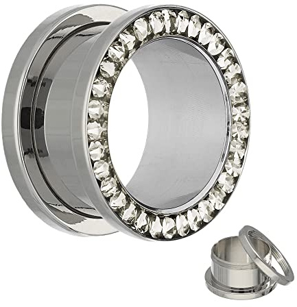 Treuheld® | 6mm Titan Kristall Ohr Flesh Tunnel | Silber mit klaren Glitzer - Zirkonia - Steinen | reines Titanium | Gewinde Schraubverschluss