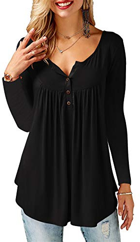 Amoretu Tunika Damen Blusenshirt Elegant Bluse Mit Knöpfen Oberteile Tops Longshirt Langarmshirt Schwarz M