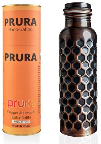 PRURA Bouteille en cuivre avec coupe au diamant, étanche aux fuites, récipient en cuivre ayurvédique pour le sport, la gym, les activités de plein air, le yoga