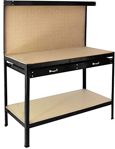 Banco de Trabajo Negro Metal 155x120x60cm+Tablero de Clavijas+Cajón Capacidad Peso 200kg Mesa de Trabajo Metálica Metálico Almacenamiento Herramientas Taller Garaje Bricolaje Mazo+40 Ganchos GRATIS