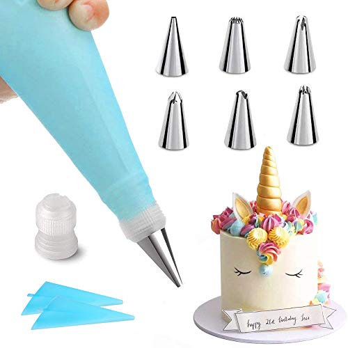 Yiouou Lot de 9 poches à douille et buses pour décoration de gâteau avec 2 poches en silicone pour glaçage crème pâtissière et 6 buses de tuyau, 1 coupleur pour gâteau DIY