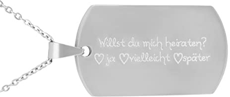 Hanessa Personalisierte Kette mit Gravur Edelstahl 50 cm mit Anhänger Willst du mich Heiraten? / Ja/Vielleicht/Später Dog Tag in silber - Personalisierte Halskette für Freundin Freund