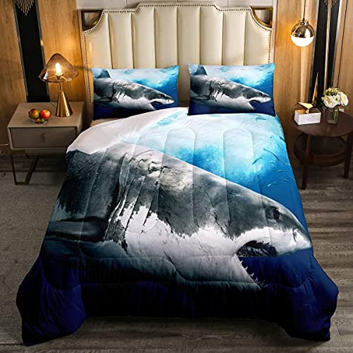 Kids Duvet for Boys Girls,3D Shark Fish Down Comforter Hawaiian Beach Bedding Quilted Duvet Set Ocean Sea Animal Blue Duvet Insert for Toddler Teen Double Size
