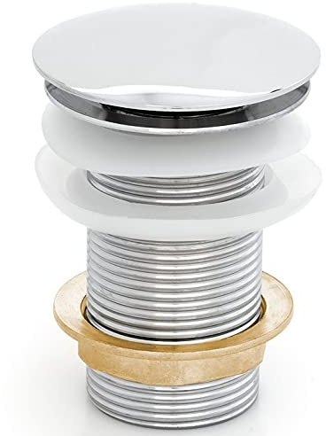 VBChome Válvula emergente universal G 1 ¼ pulgadas sin rebosadero, cromado, para lavabo, tapón de desagüe fijo para cuarto de baño, acero inoxidable, cierre de clic clac