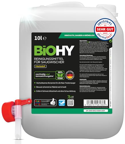 BiOHY Reinigungsmittel für Saugwischer mit Frischeduft (10 Liter Kanister) + Auslaufhahn | 1:200 Konzentrat für alle Nass-Trockensauger & Waschsauger | Für Fliesen, PVC, Parkett, Laminat & Teppich