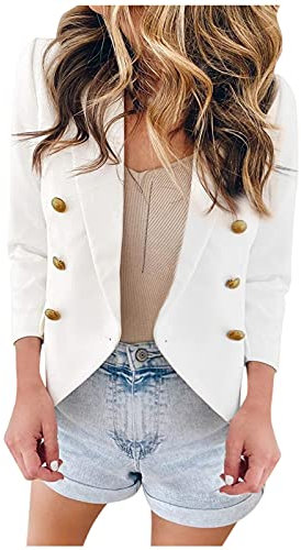 HHMY Blazer élégant pour femme - Ouverture à l'avant - Double rangée de boutons - Classique - Vintage - Élégante - Pour le bureau - Avec poches - Coupe ajustée - Veste élégante pour femme, Blanc., 3XL