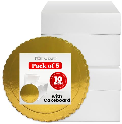 Cake Box 10 Inch Pack of 5 – Includes 5 White Cake Boxes with Removable Lids and 5 Golden Cake Boards – Strong Cardboard Cake Packaging for Cakes, Pies, Muffins, Donuts – Dust & Moisture Resistant