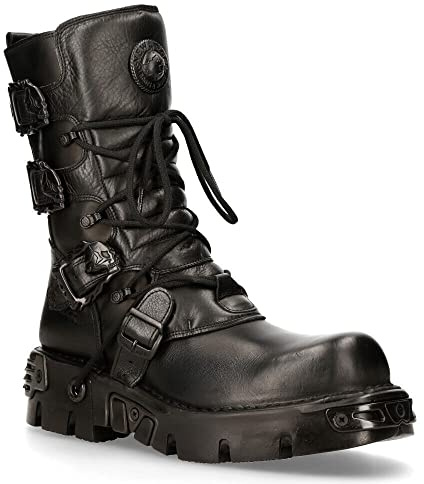 New Rock 391-S18 Unisex Black Metallic Reactor Skull Devil Goth Punk Leather Calf Boots 10