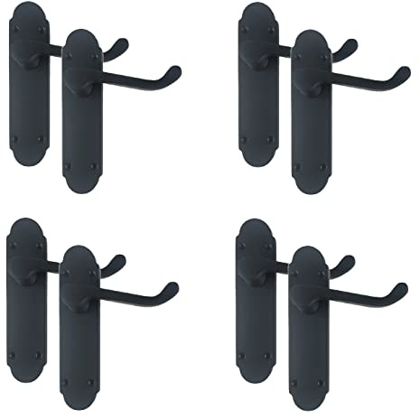 Golden Grace Victorian Epsom Door Handles Lever Latch Matt Black, 4 Pairs | Includes screws and spindle for hassle-free installation on metal plates, with a tidy 168mm x 40mm backplate size.