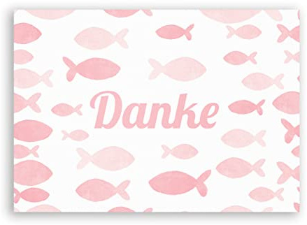 Friendly Fox Dankeskarten Fische, Danke Taufe Konfirmation Kommunion, 12 Dankeschön Karten, Blanko Klappkarten mit rosa Fischen, Karte Danke Set